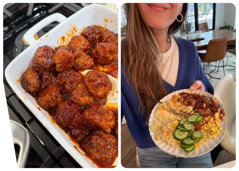 Lindsay holding plate with BBQ meatballs, potatoes, corn, and cucumbers.