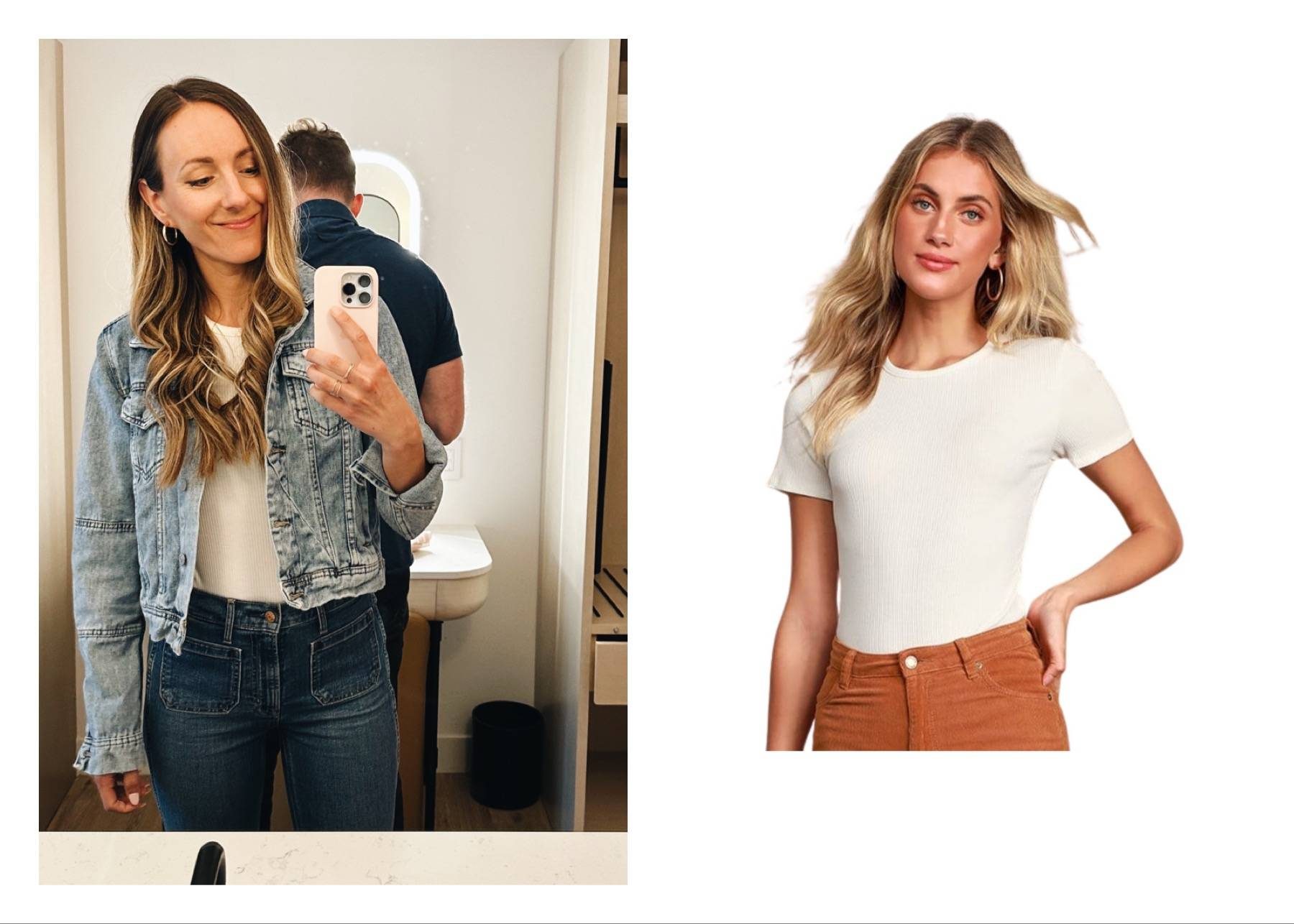 Woman taking a selfie in a mirror next to a stock photo of a model wearing a ribbed bodysuit.