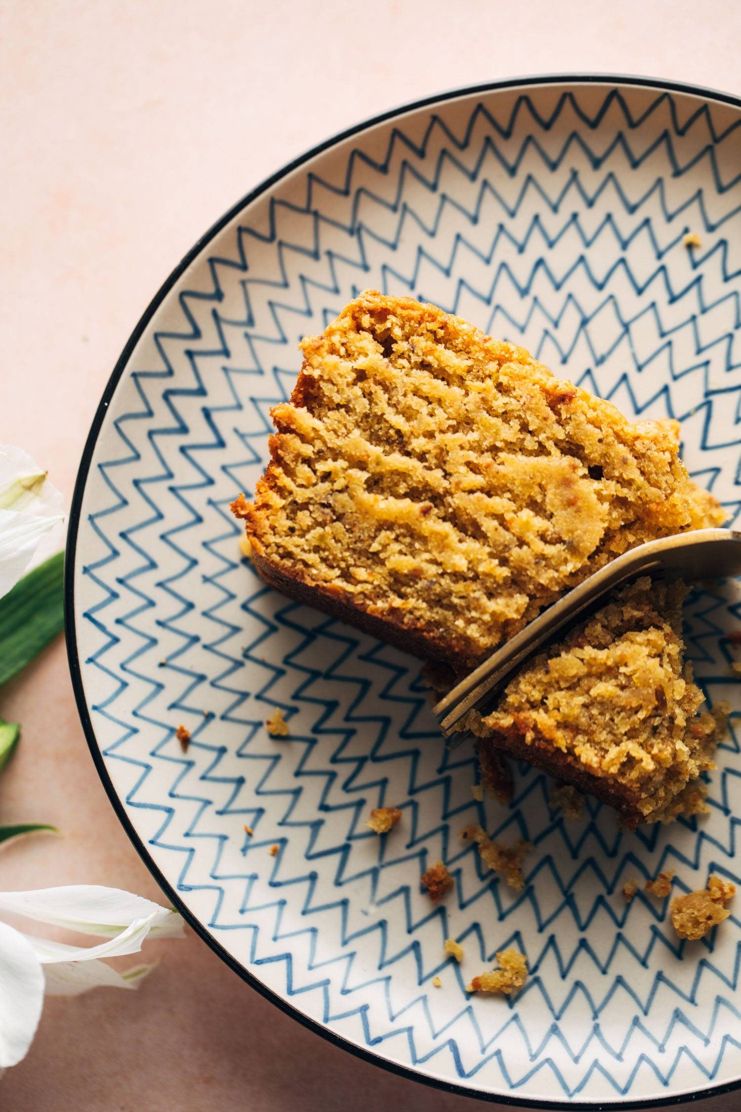 Taking a bite of pistachio loaf.