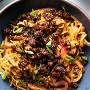 Sticky beef and peanut noodles pin.
