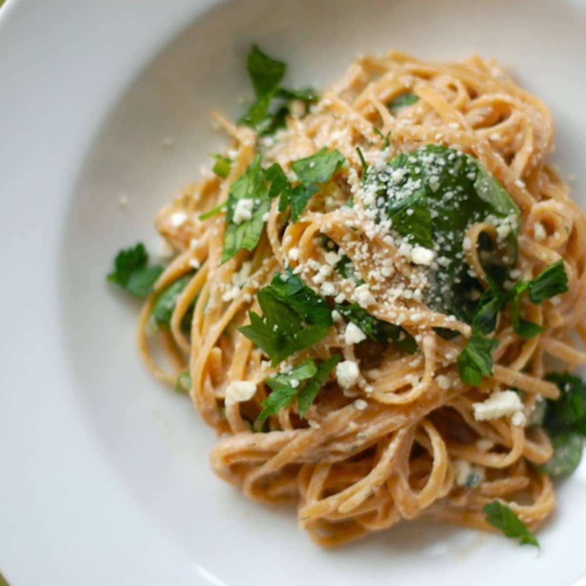 Linguine with sun dried tomato dill seasoning and cheese topping.