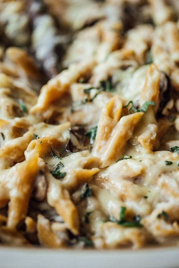 Healthy Mushroom Alfredo Pasta Bake close up.