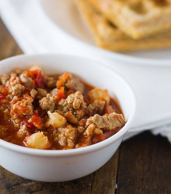 Chili in a white bowl.