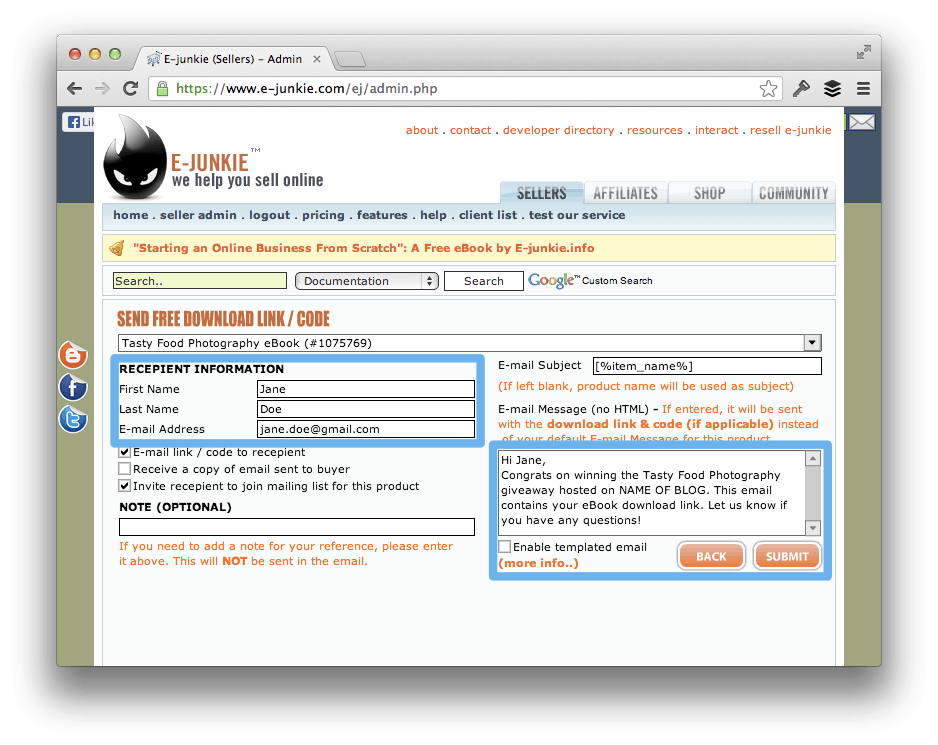Send Free Download Link in E-Junkie.