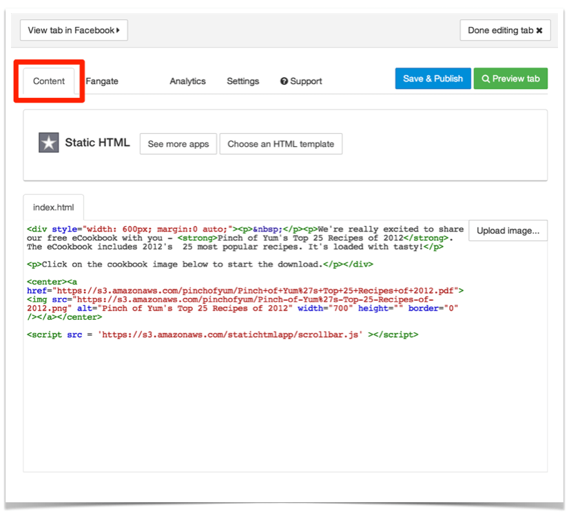 Static HTML Content Setup Screenshot.