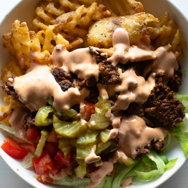 Burger bowls with house sauce.