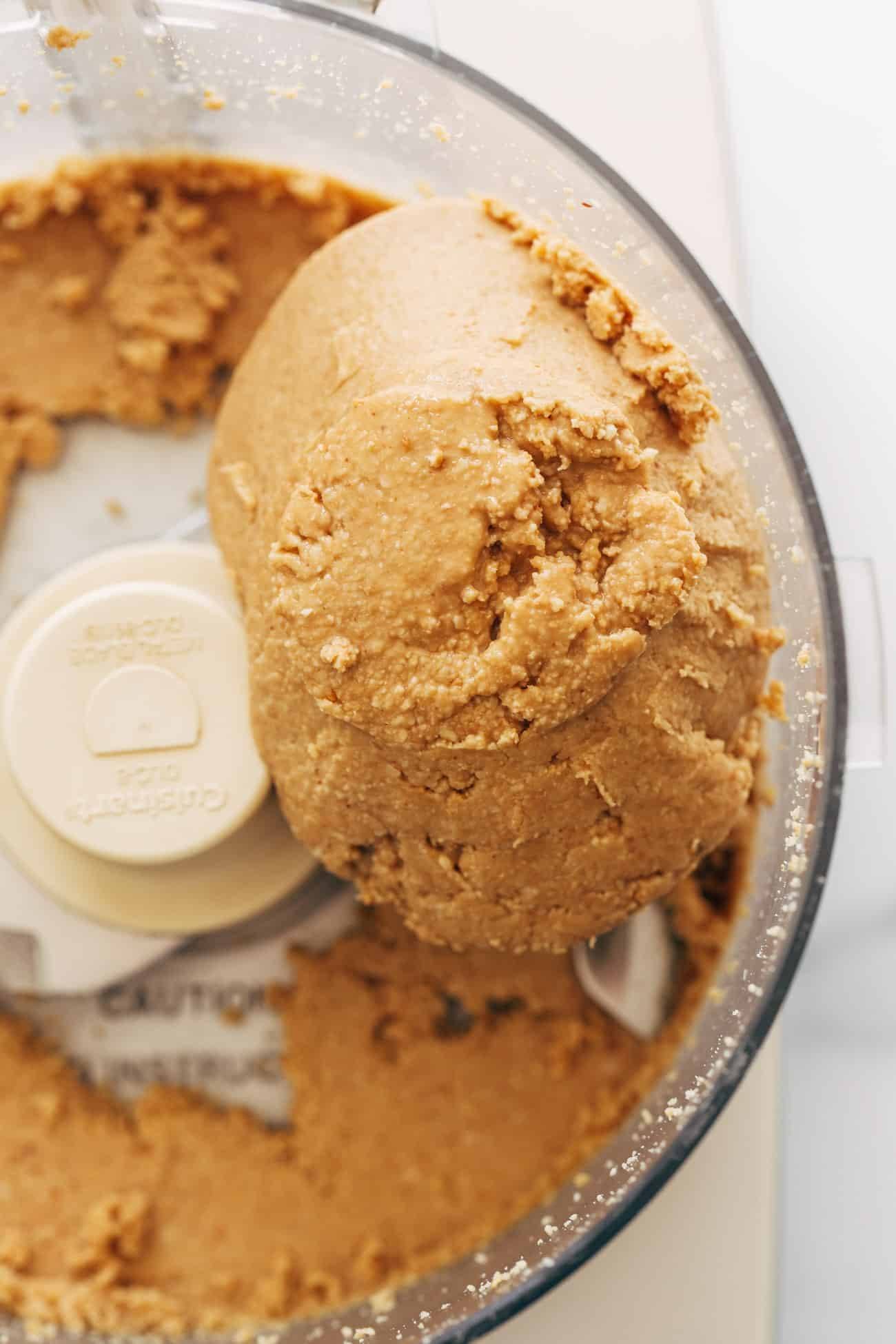 Pasty peanut butter in a food processor.