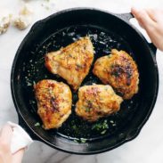 Honey Lemon Chicken in a cast iron pan.