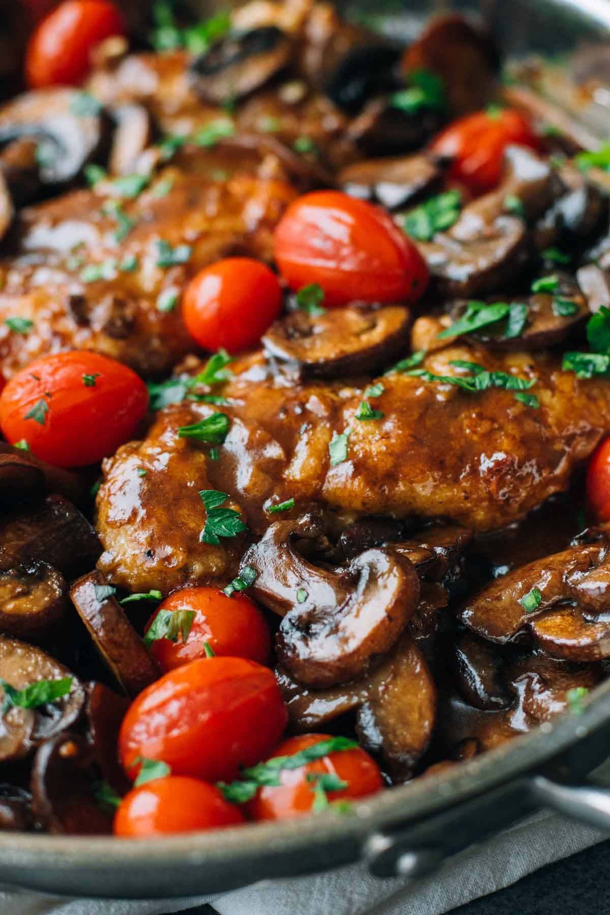 Chicken Marsala in a skillet up close.