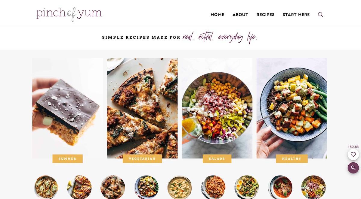 A screenshot of the Pinch of Yum homepage